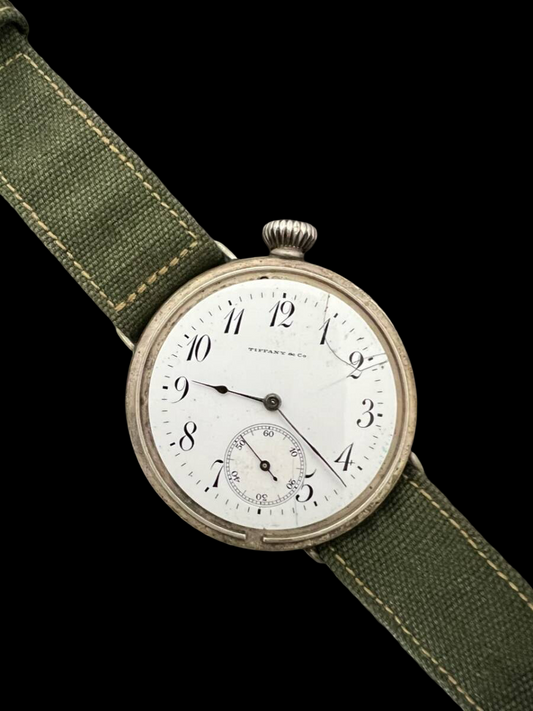 Tiffany & Co. Antique Driver’s Watch ca.1900 – Early Wristwatch Conversion, Sterling Silver 93.5%, Porcelain Dial, 41mm, Rare Tiffany Movement