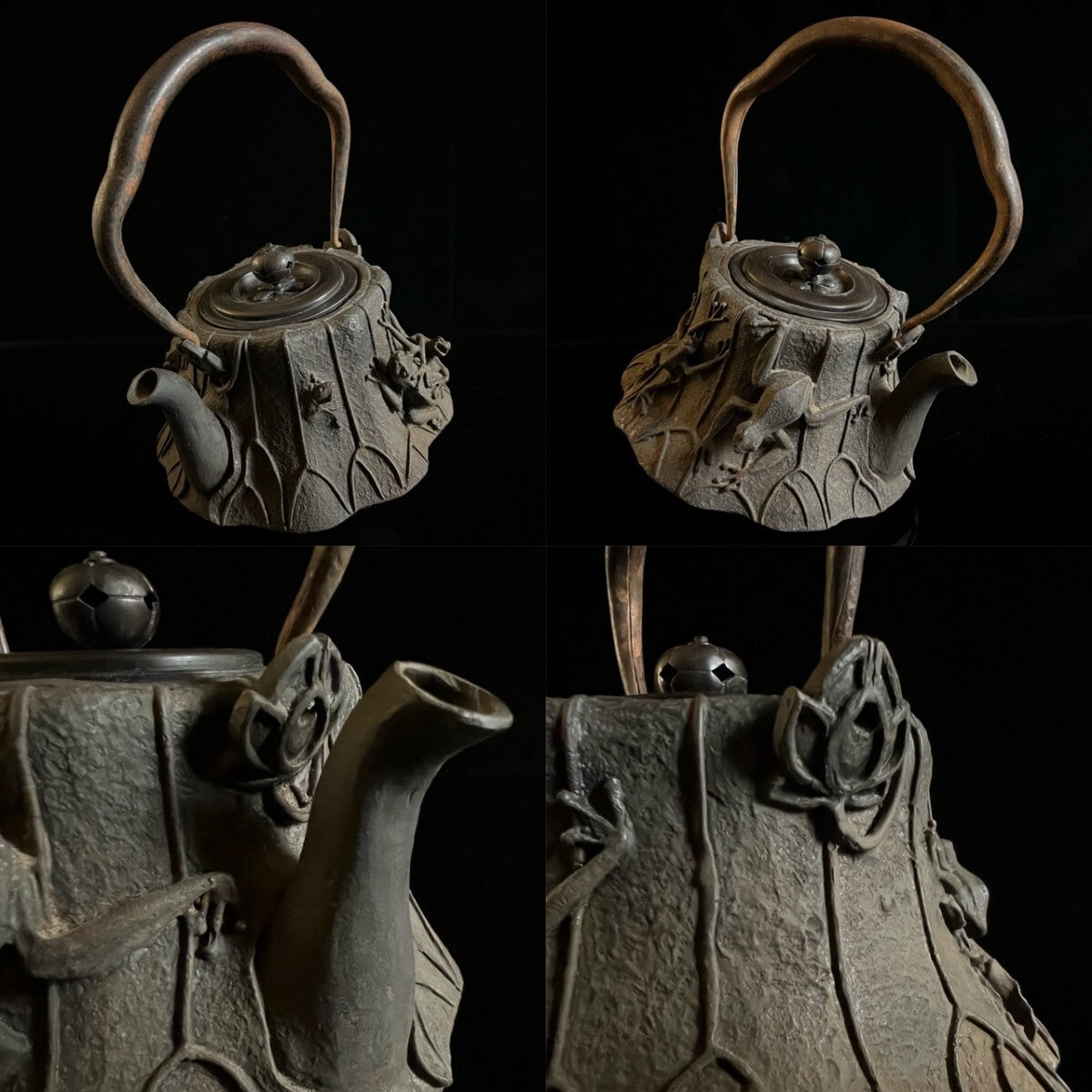 Architectural Relief "Frog" Motif Cast Iron Tetsubin — Copper Lid Tea Kettle — Large-Scale Japanese Iron Teaware Vessel
