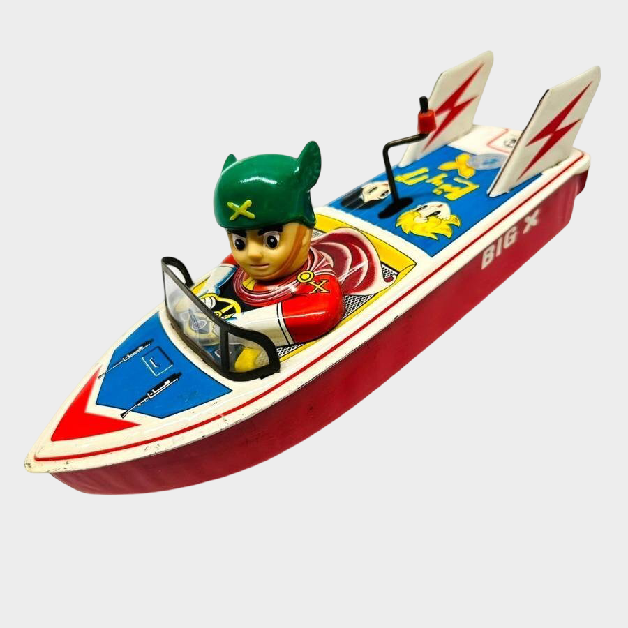 Asakusa Toy BIG X Tin Speedboat w/ Sofubi Pilot Head — Showa Japanese Retro Hand-Crank Propeller Boat