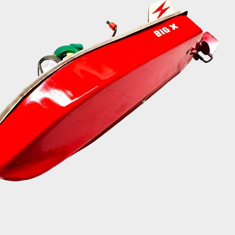 Asakusa Toy BIG X Tin Speedboat w/ Sofubi Pilot Head — Showa Japanese Retro Hand-Crank Propeller Boat