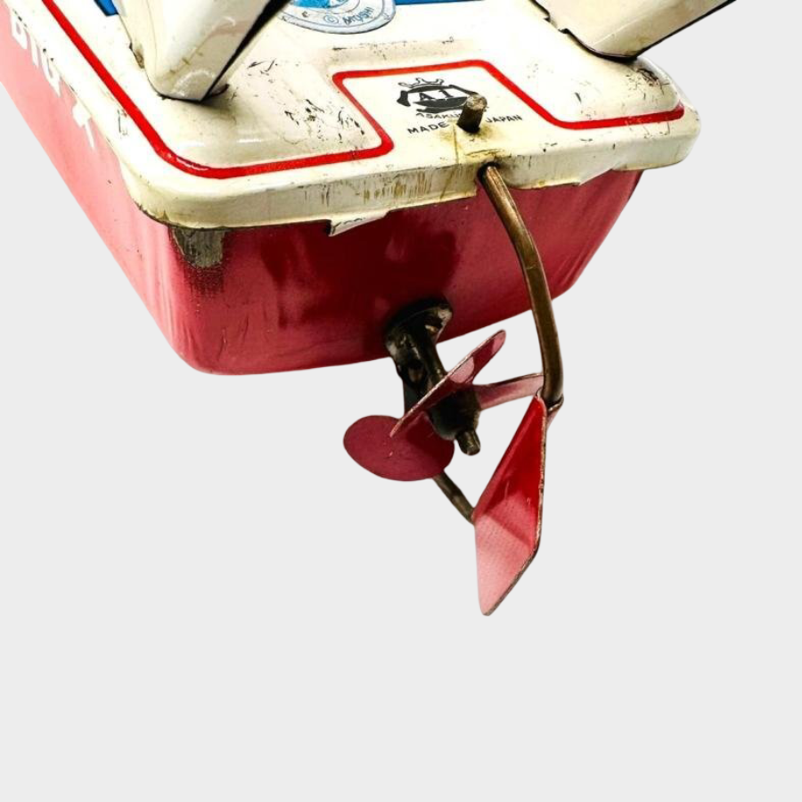 Asakusa Toy BIG X Tin Speedboat w/ Sofubi Pilot Head — Showa Japanese Retro Hand-Crank Propeller Boat