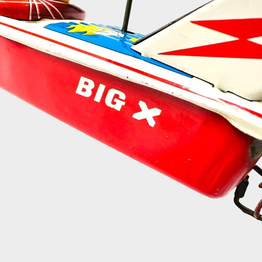 Asakusa Toy BIG X Tin Speedboat w/ Sofubi Pilot Head — Showa Japanese Retro Hand-Crank Propeller Boat