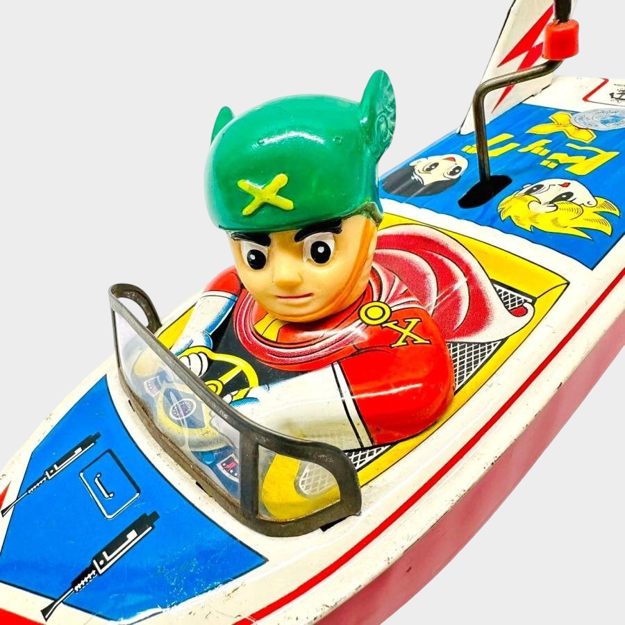 Asakusa Toy BIG X Tin Speedboat w/ Sofubi Pilot Head — Showa Japanese Retro Hand-Crank Propeller Boat