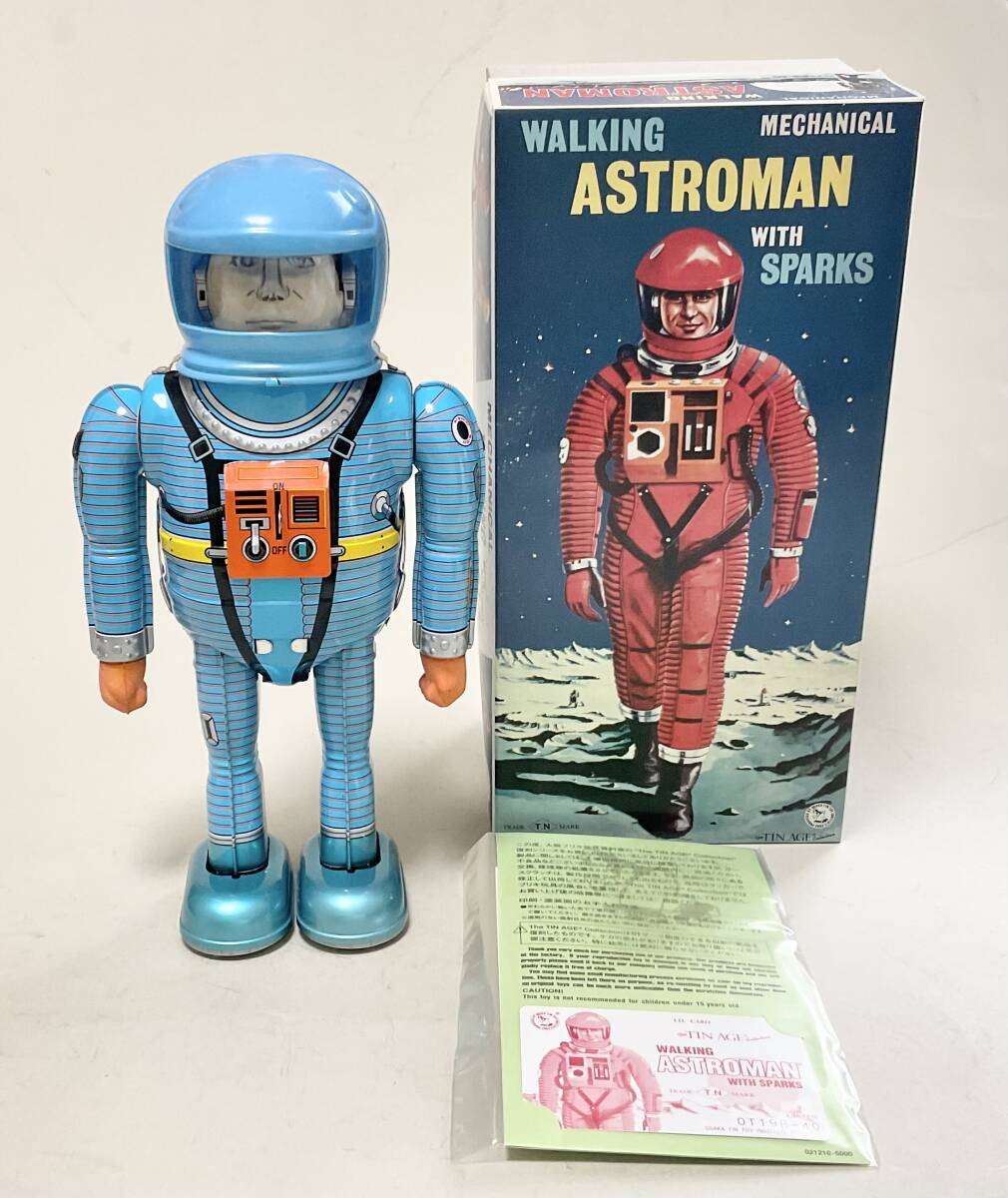 Astroman Blue Walking Mechanical Tin Robot with Sparks Boxed with Papers Space Age Vintage-Style Collectible