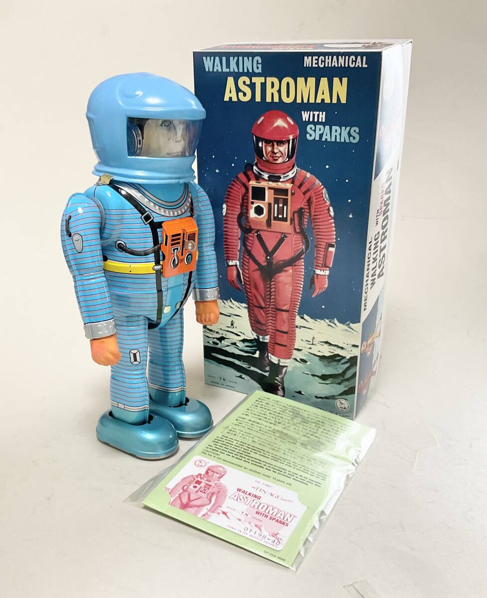 Astroman Blue Walking Mechanical Tin Robot with Sparks Boxed with Papers Space Age Vintage-Style Collectible