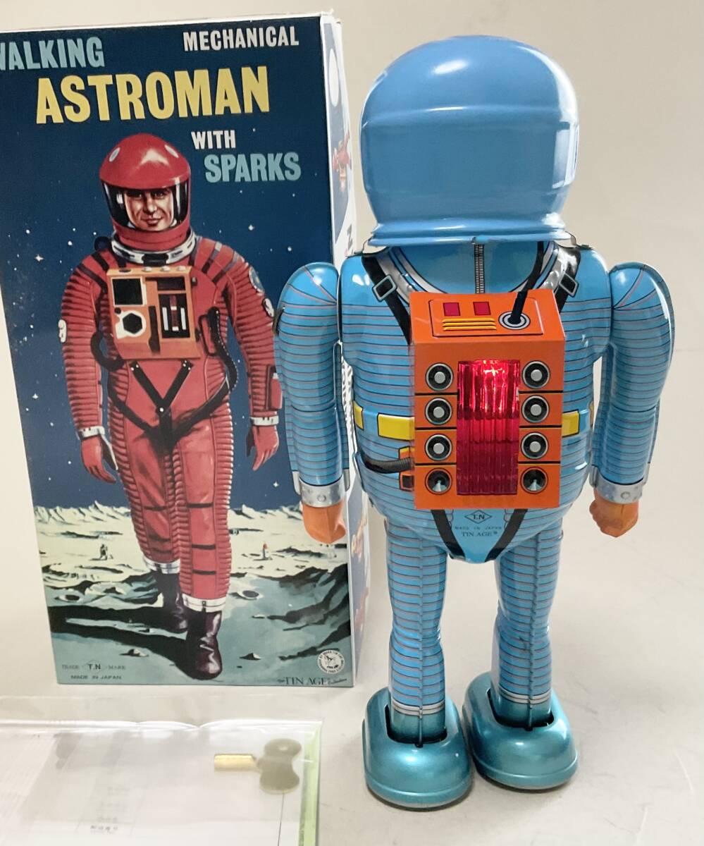 Astroman Blue Walking Mechanical Tin Robot with Sparks Boxed with Papers Space Age Vintage-Style Collectible