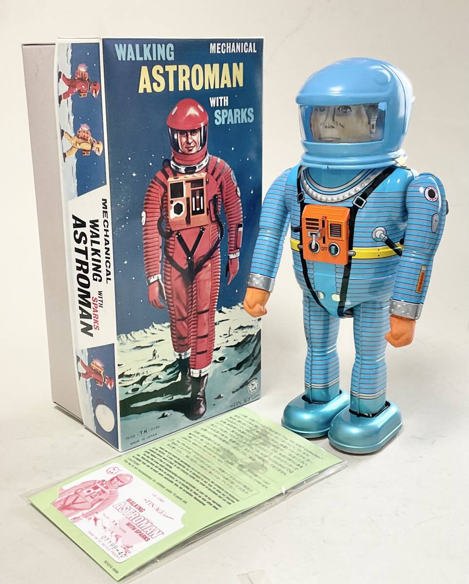 Astroman Blue Walking Mechanical Tin Robot with Sparks Boxed with Papers Space Age Vintage-Style Collectible