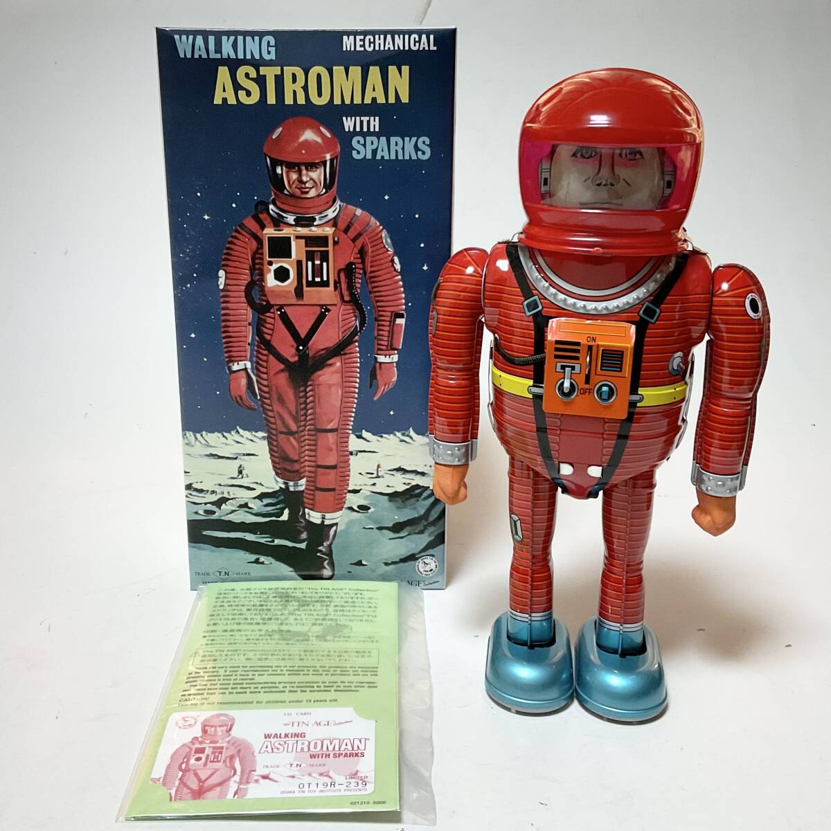 Astroman Red Walking Mechanical Tin Robot with Sparks Boxed with Papers Space Age Vintage-Style Collectible