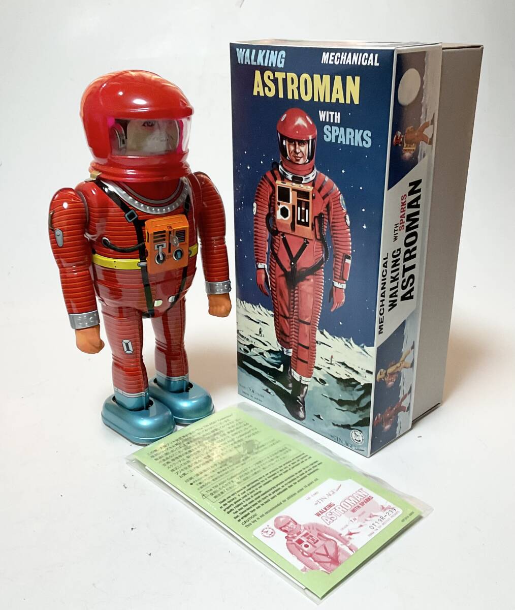 Astroman Red Walking Mechanical Tin Robot with Sparks Boxed with Papers Space Age Vintage-Style Collectible