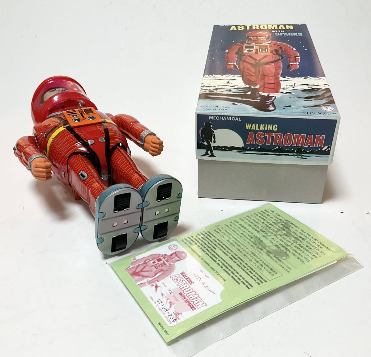 Astroman Red Walking Mechanical Tin Robot with Sparks Boxed with Papers Space Age Vintage-Style Collectible
