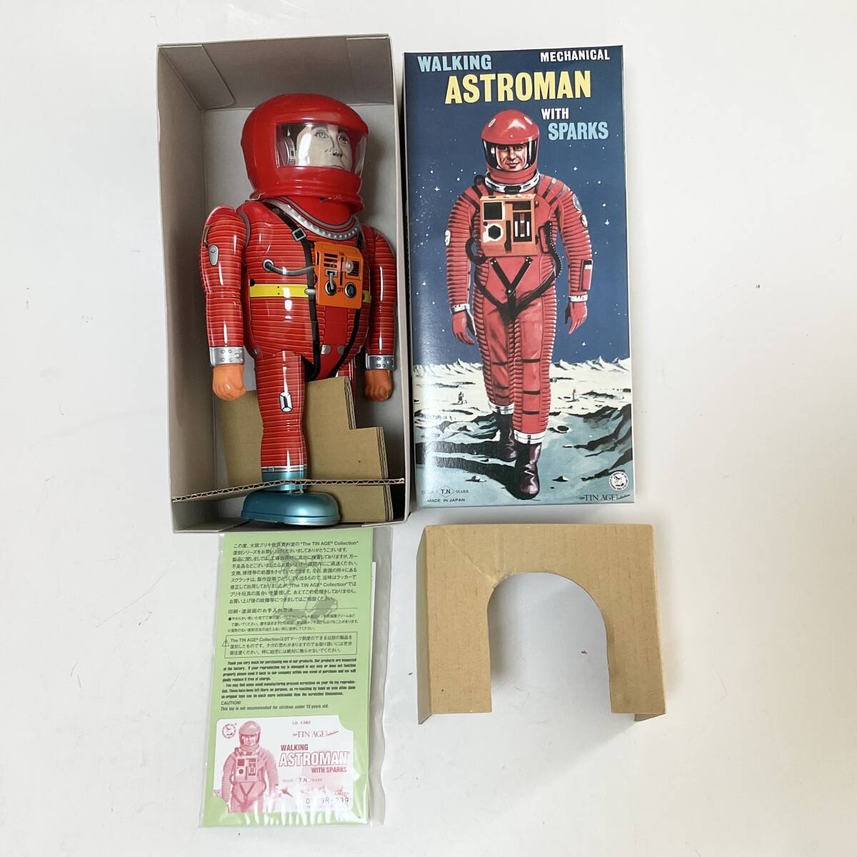 Astroman Red Walking Mechanical Tin Robot with Sparks Boxed with Papers Space Age Vintage-Style Collectible