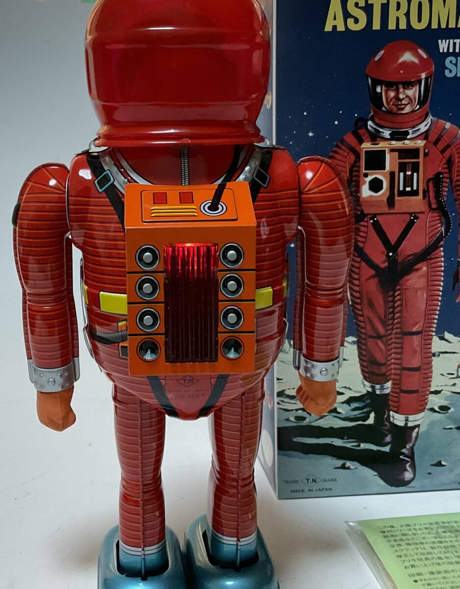 Astroman Red Walking Mechanical Tin Robot with Sparks Boxed with Papers Space Age Vintage-Style Collectible