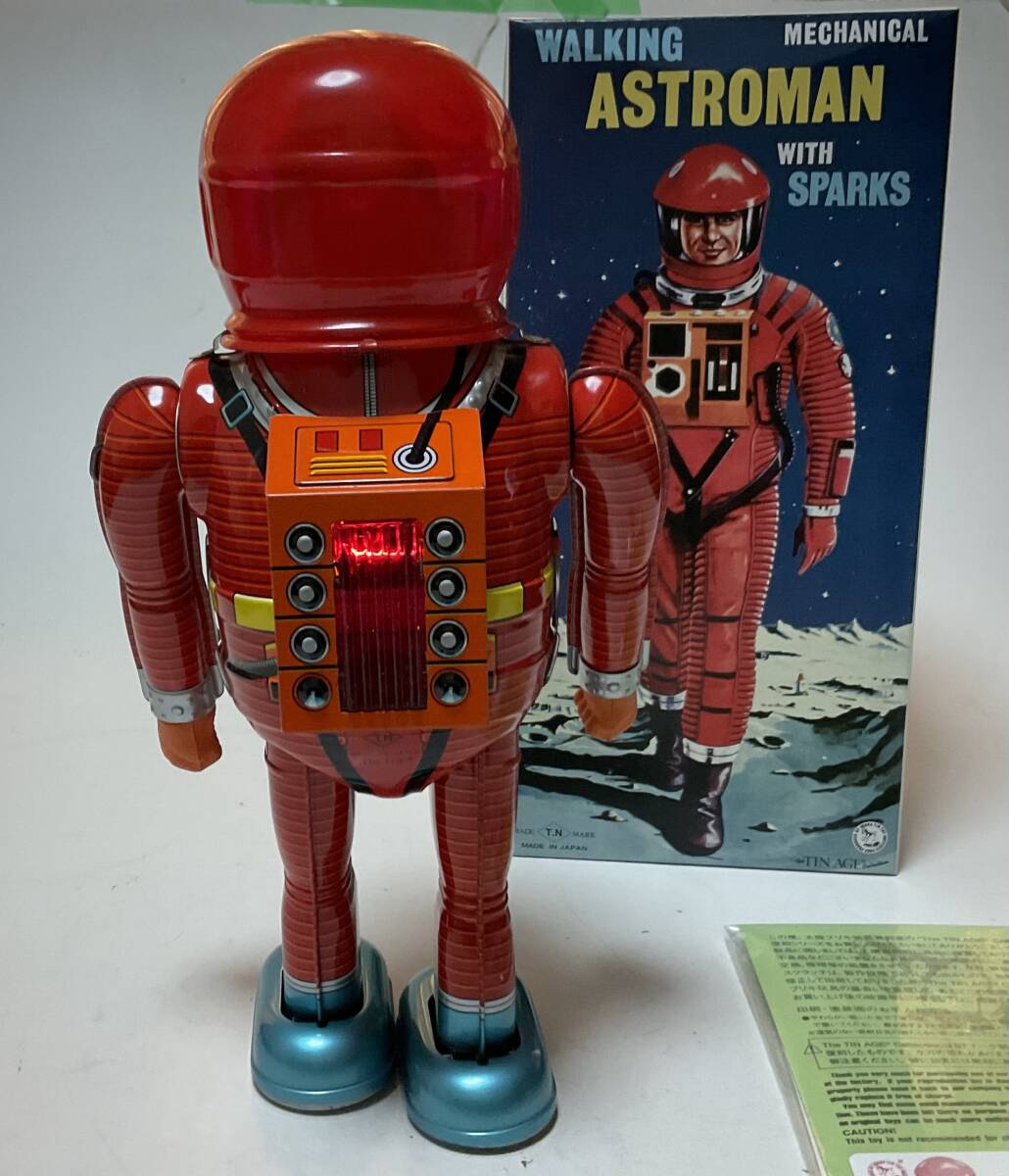 Astroman Red Walking Mechanical Tin Robot with Sparks Boxed with Papers Space Age Vintage-Style Collectible
