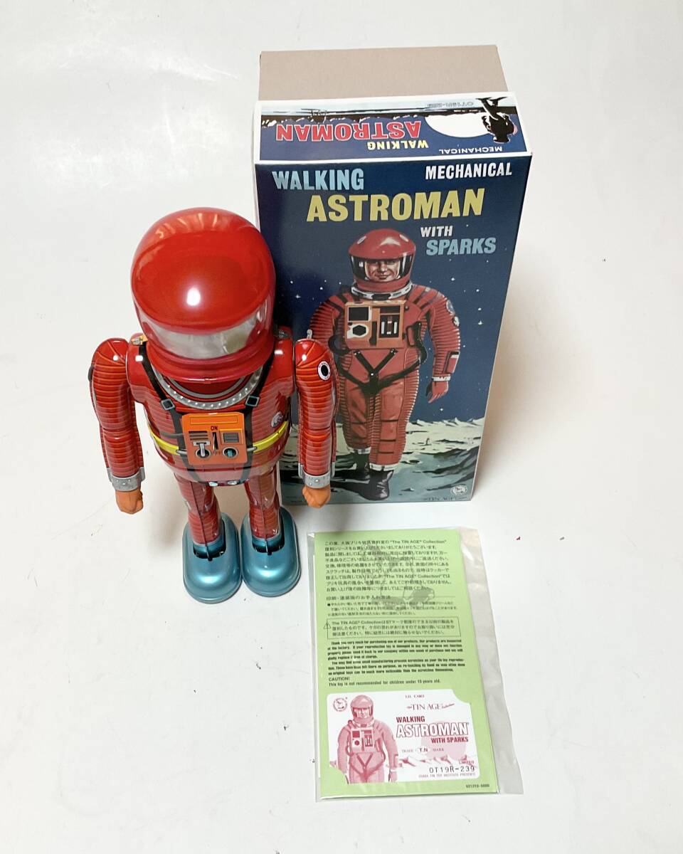 Astroman Red Walking Mechanical Tin Robot with Sparks Boxed with Papers Space Age Vintage-Style Collectible