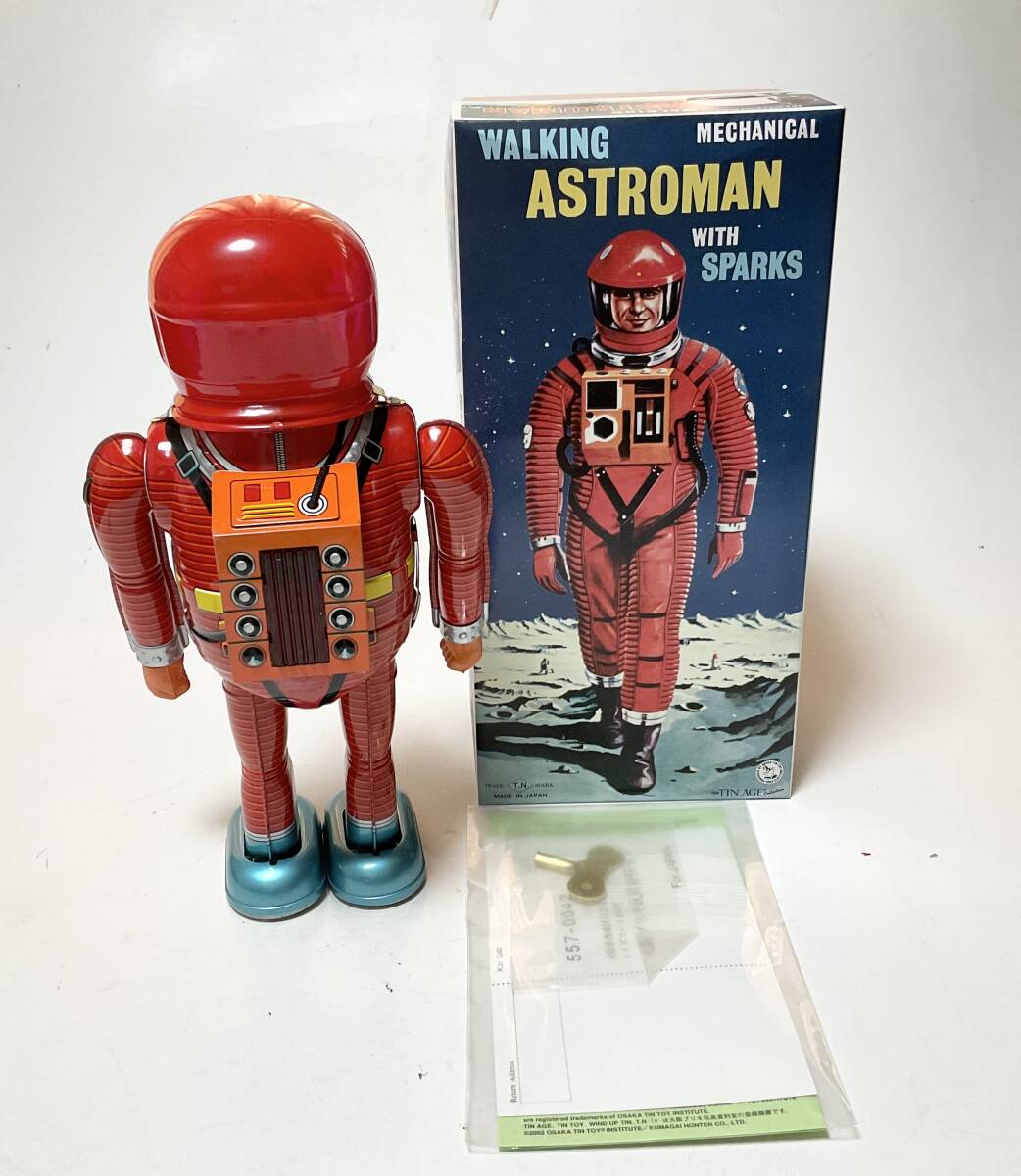Astroman Red Walking Mechanical Tin Robot with Sparks Boxed with Papers Space Age Vintage-Style Collectible