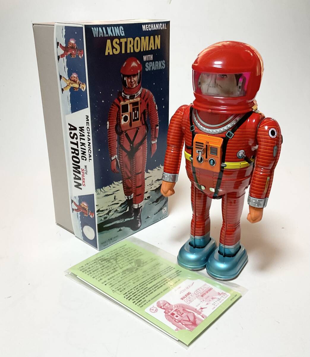 Astroman Red Walking Mechanical Tin Robot with Sparks Boxed with Papers Space Age Vintage-Style Collectible