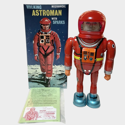 Astroman Tin Wind-Up Astronaut Figure — Red Suit Space Toy, Boxed Osaka Japan