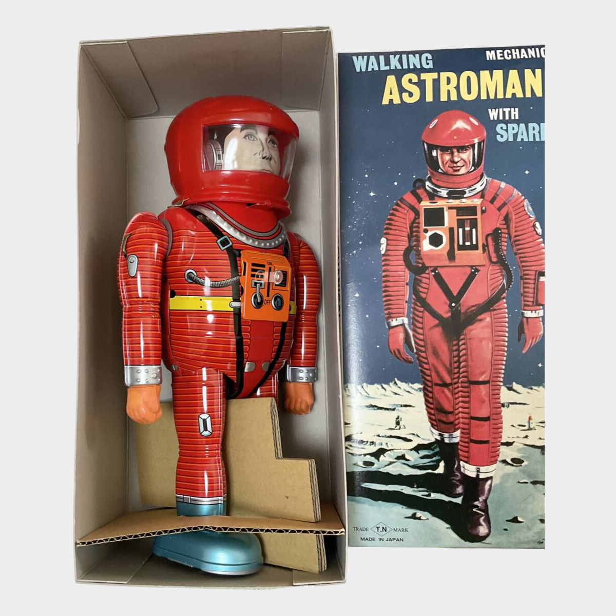 Astroman Tin Wind-Up Astronaut Figure — Red Suit Space Toy, Boxed Osaka Japan