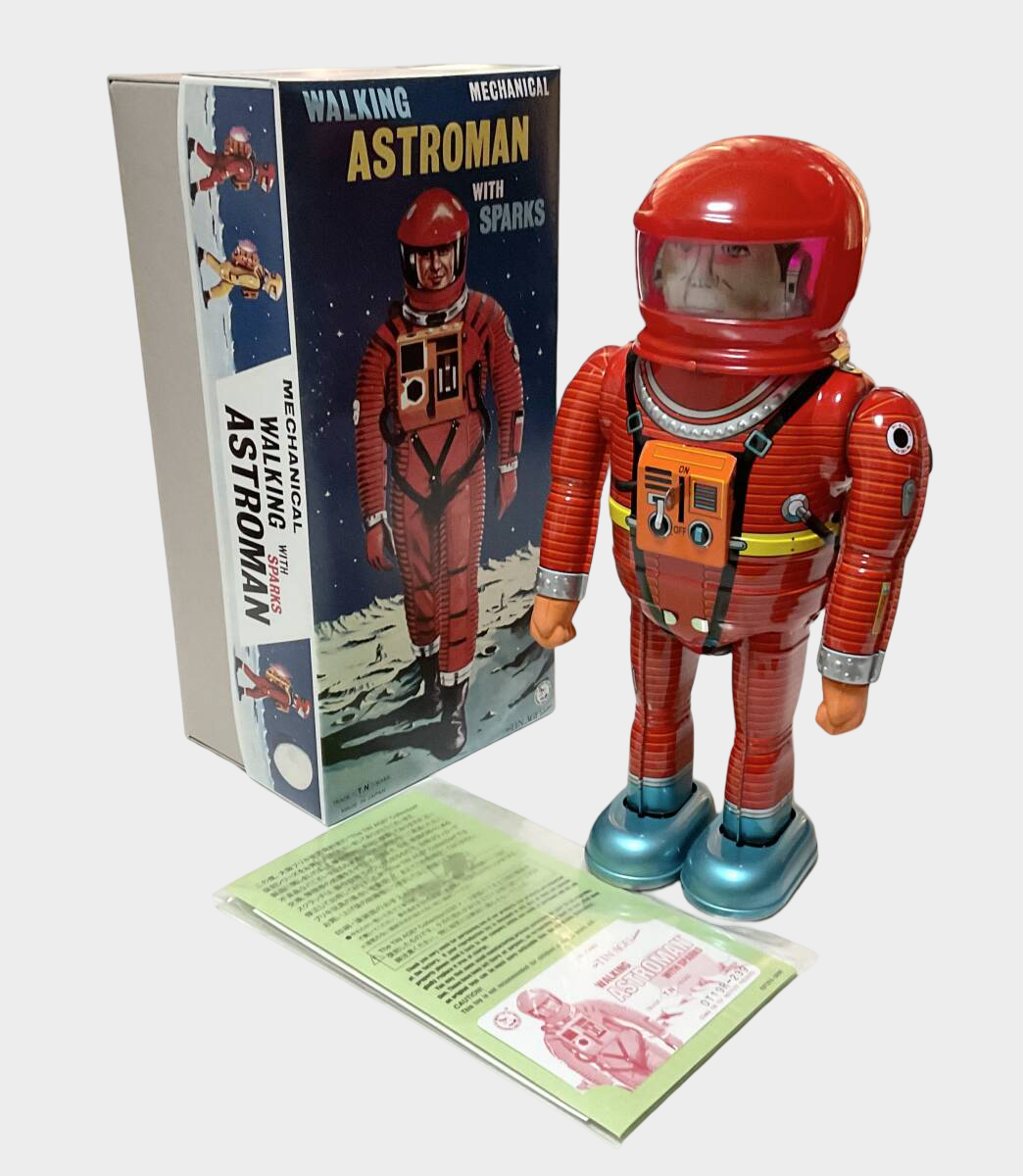 Astroman Tin Wind-Up Astronaut Figure — Red Suit Space Toy, Boxed Osaka Japan