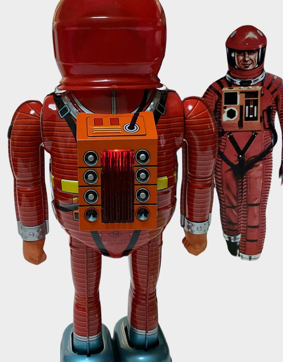 Astroman Tin Wind-Up Astronaut Figure — Red Suit Space Toy, Boxed Osaka Japan