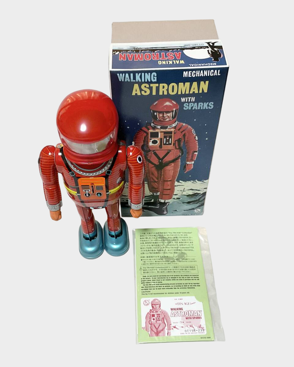 Astroman Tin Wind-Up Astronaut Figure — Red Suit Space Toy, Boxed Osaka Japan