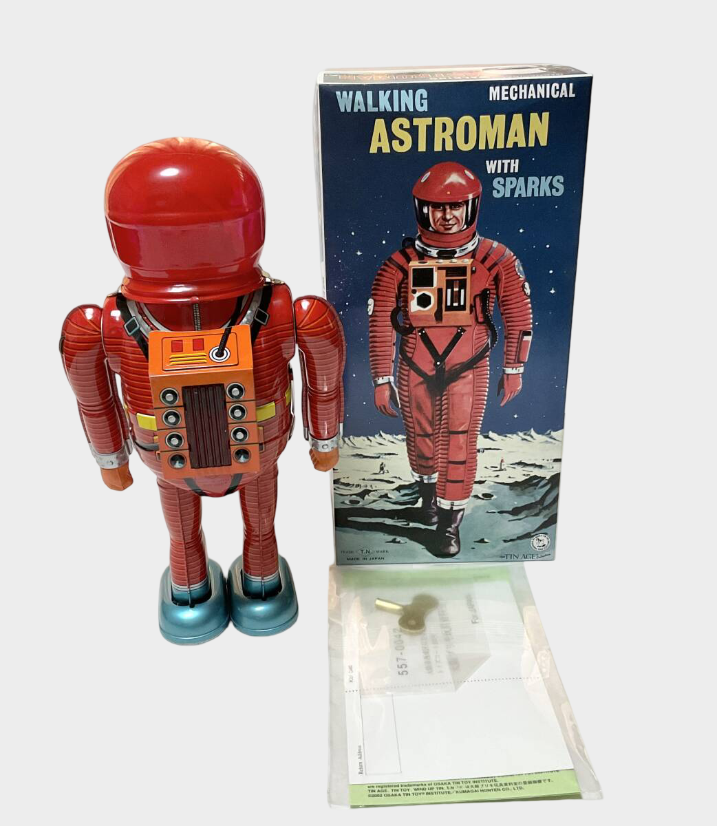 Astroman Tin Wind-Up Astronaut Figure — Red Suit Space Toy, Boxed Osaka Japan