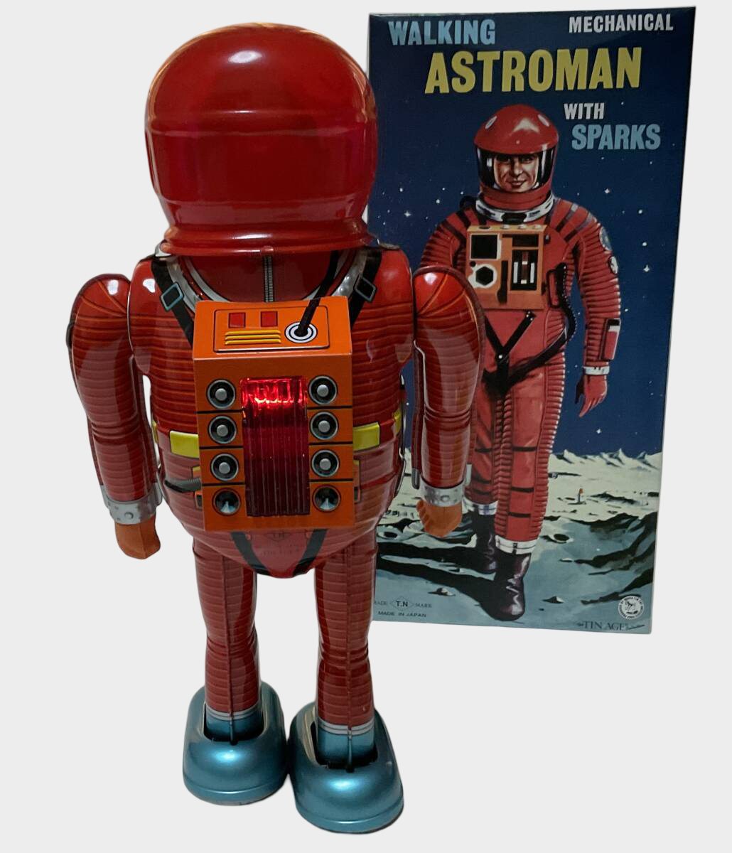 Astroman Tin Wind-Up Astronaut Figure — Red Suit Space Toy, Boxed Osaka Japan