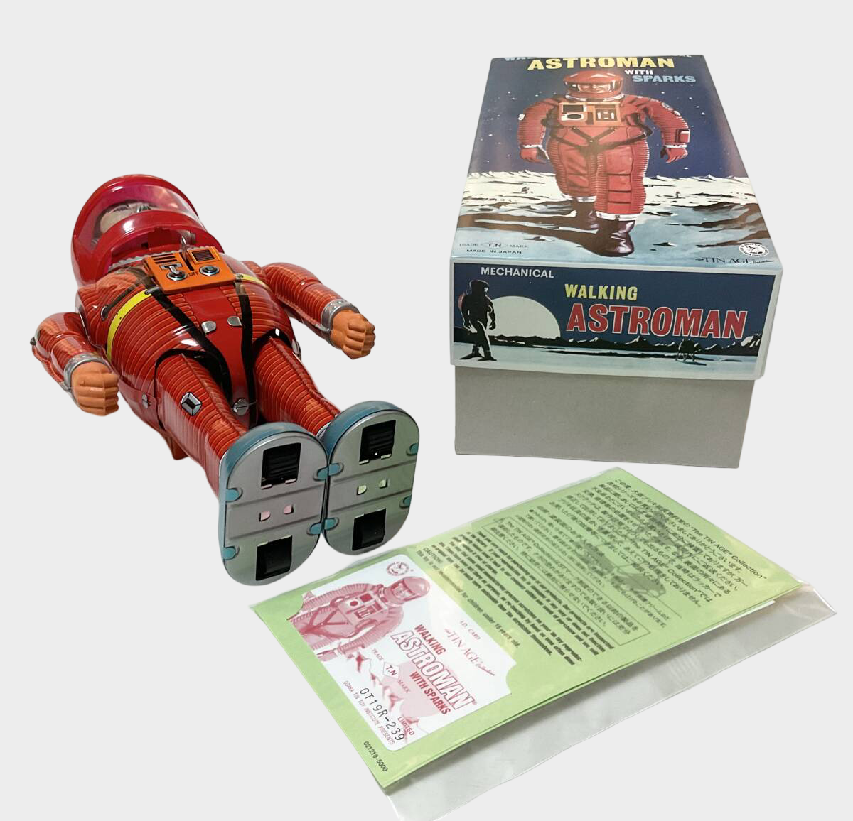 Astroman Tin Wind-Up Astronaut Figure — Red Suit Space Toy, Boxed Osaka Japan