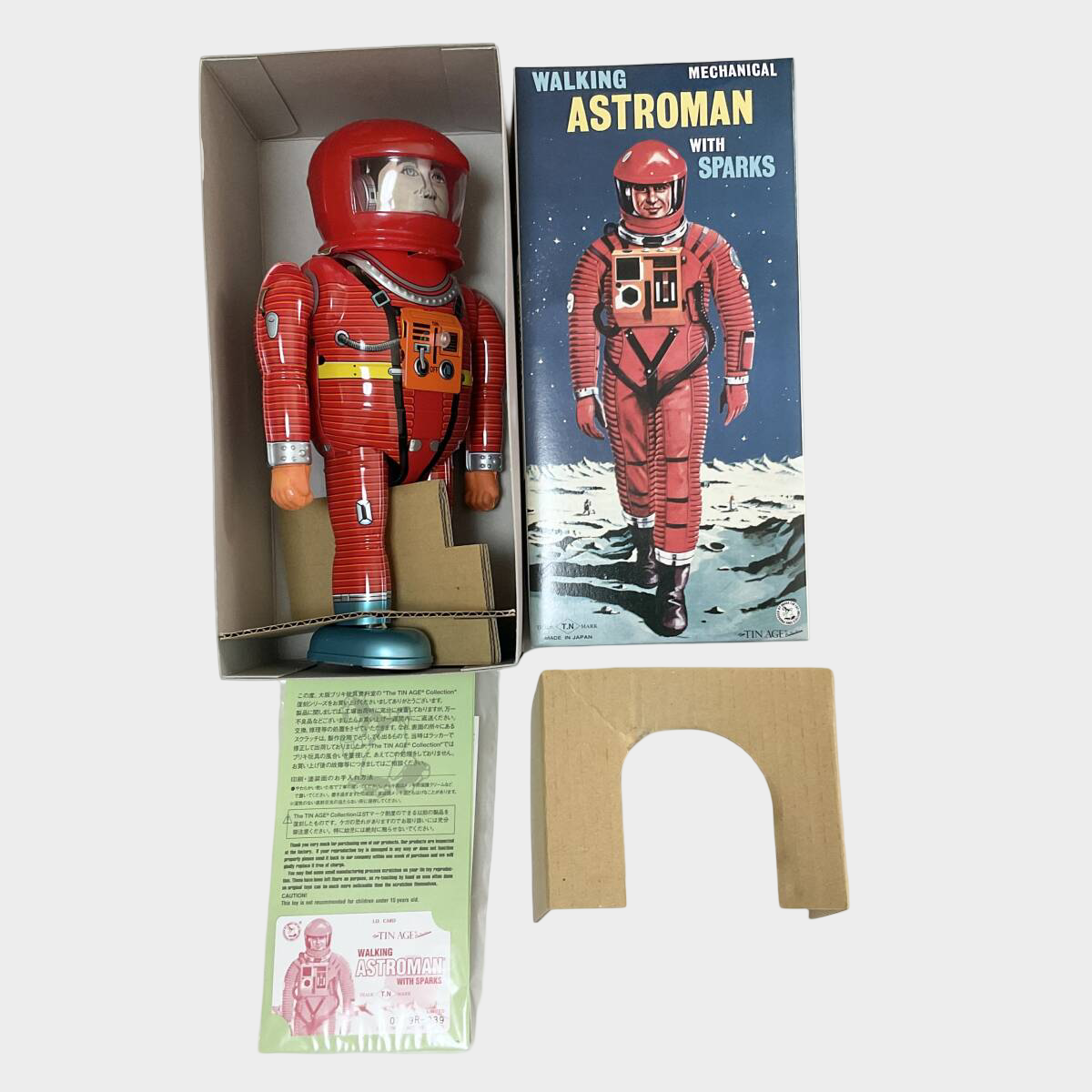 Astroman Tin Wind-Up Astronaut Figure — Red Suit Space Toy, Boxed Osaka Japan