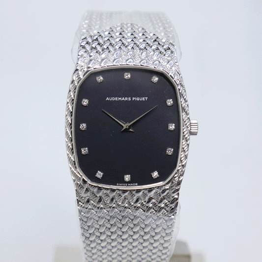 Audemars Piguet Cobra 18K White Gold · Black 12-Diamond Dial · 76.7g · Integrated Bracelet Vintage Watch