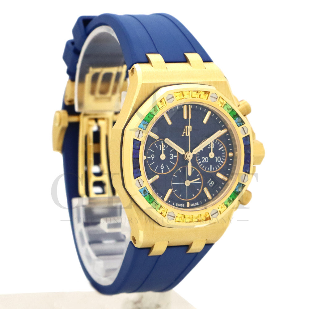 Audemars Piguet Royal Oak Offshore Selfwinding Chronograph Ref. 26236BA.YY.D346CA.01 · 18K Yellow Gold · Baguette Sapphire & Tsavorite Bezel · Blue Lady Tapisserie Dial · 37mm