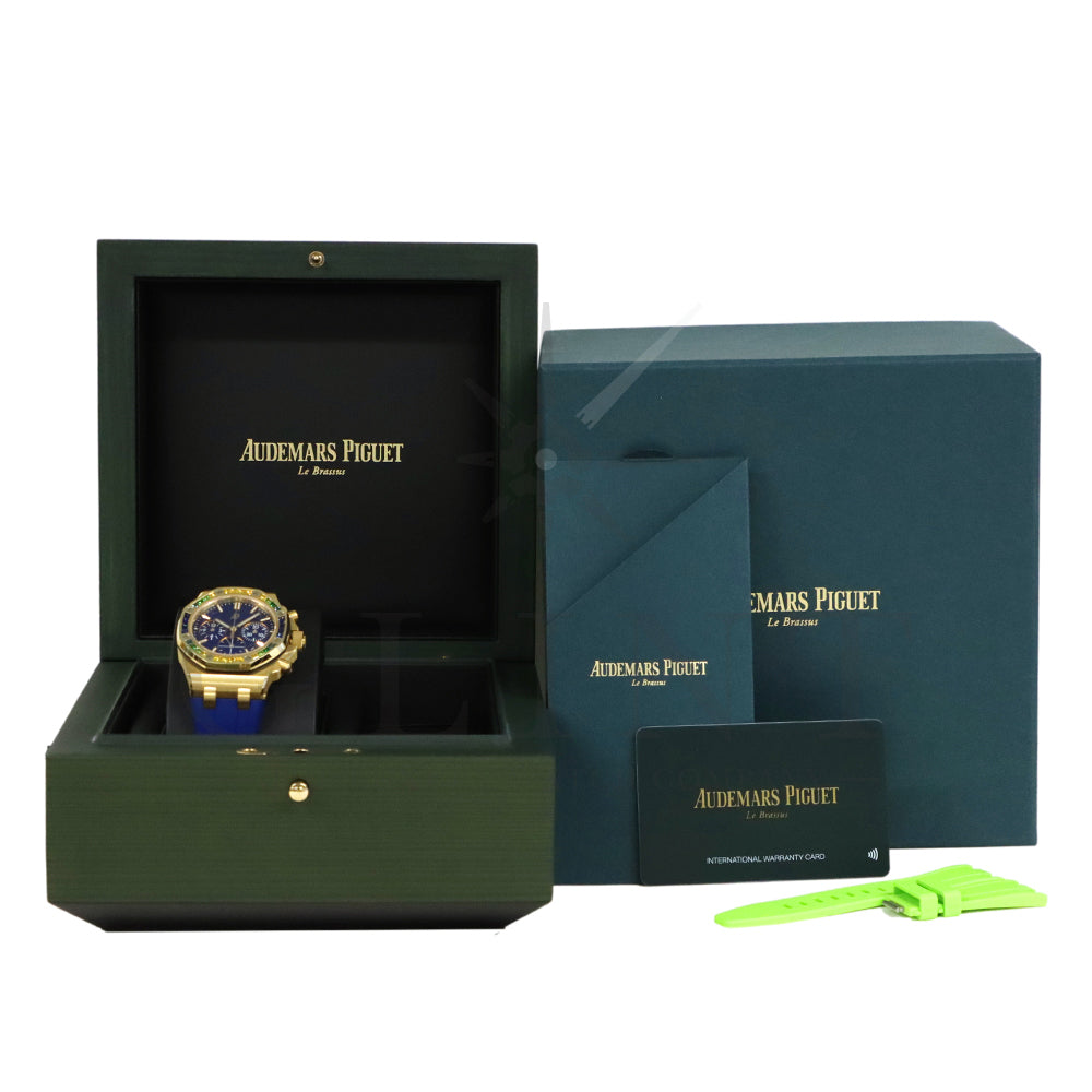 Audemars Piguet Royal Oak Offshore Selfwinding Chronograph Ref. 26236BA.YY.D346CA.01 · 18K Yellow Gold · Baguette Sapphire & Tsavorite Bezel · Blue Lady Tapisserie Dial · 37mm