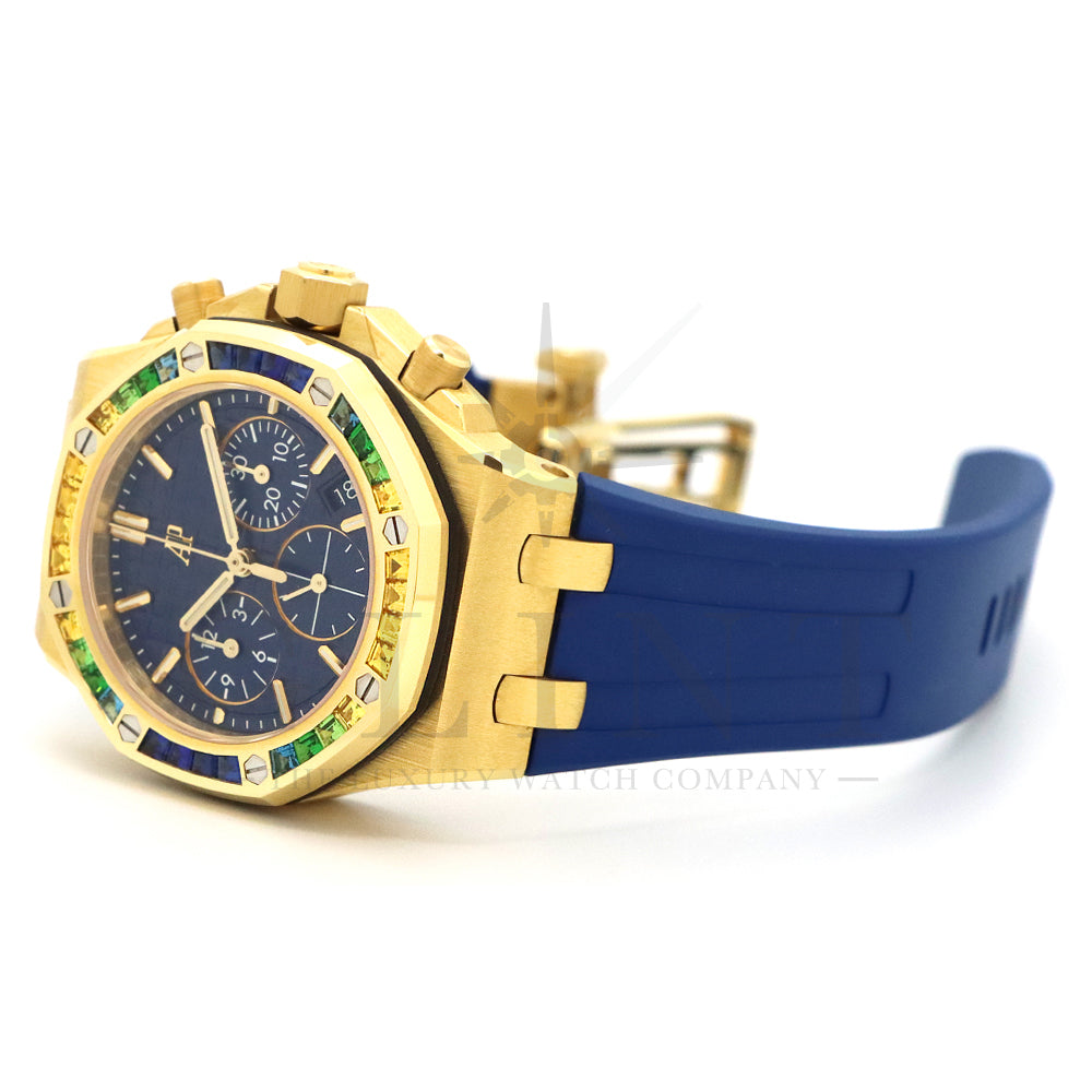 Audemars Piguet Royal Oak Offshore Selfwinding Chronograph Ref. 26236BA.YY.D346CA.01 · 18K Yellow Gold · Baguette Sapphire & Tsavorite Bezel · Blue Lady Tapisserie Dial · 37mm