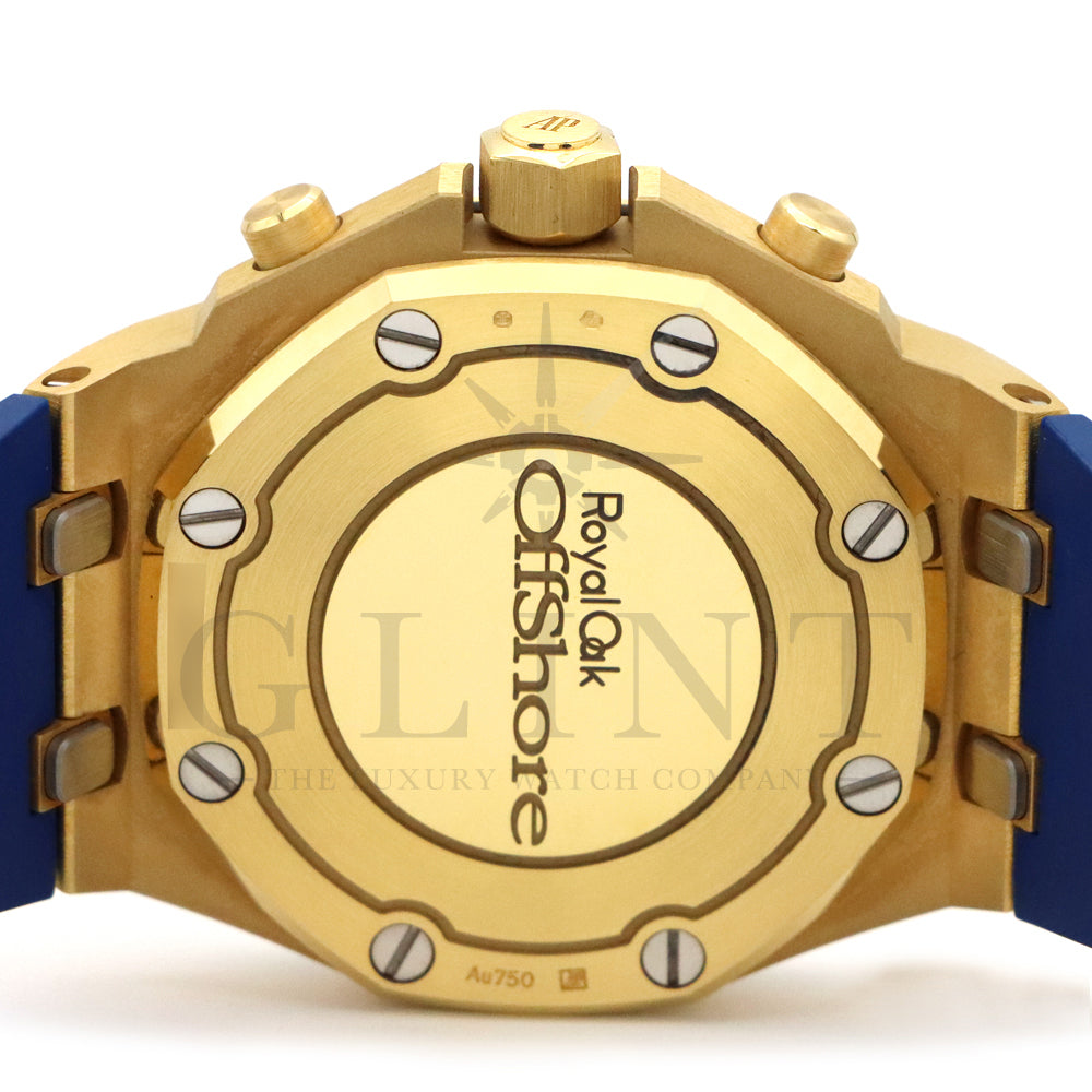 Audemars Piguet Royal Oak Offshore Selfwinding Chronograph Ref. 26236BA.YY.D346CA.01 · 18K Yellow Gold · Baguette Sapphire & Tsavorite Bezel · Blue Lady Tapisserie Dial · 37mm