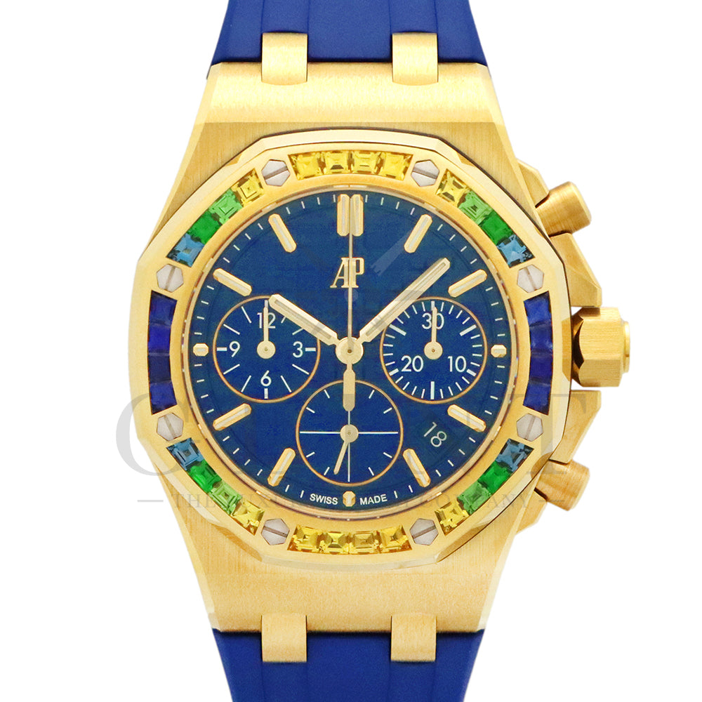 Audemars Piguet Royal Oak Offshore Selfwinding Chronograph Ref. 26236BA.YY.D346CA.01 · 18K Yellow Gold · Baguette Sapphire & Tsavorite Bezel · Blue Lady Tapisserie Dial · 37mm