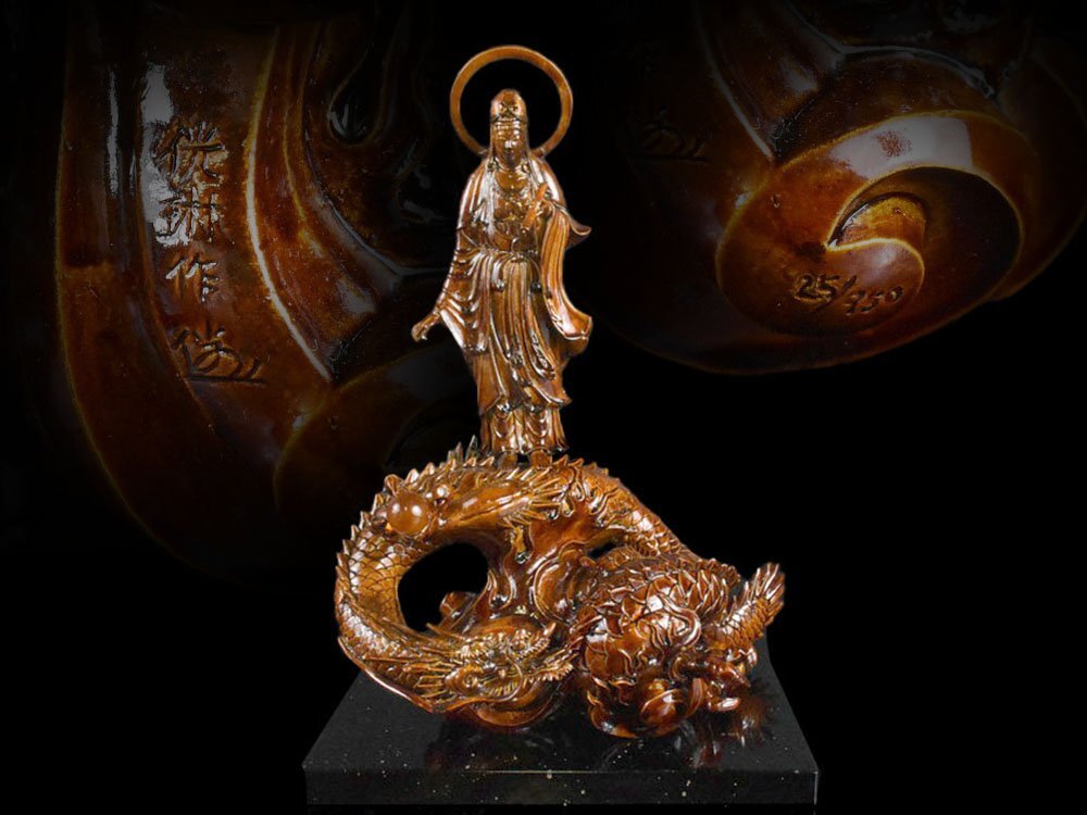 Authentic Meiji Period Japanese Bronze Kannon on Dragon Statue — Signed Buddhist Sculpture