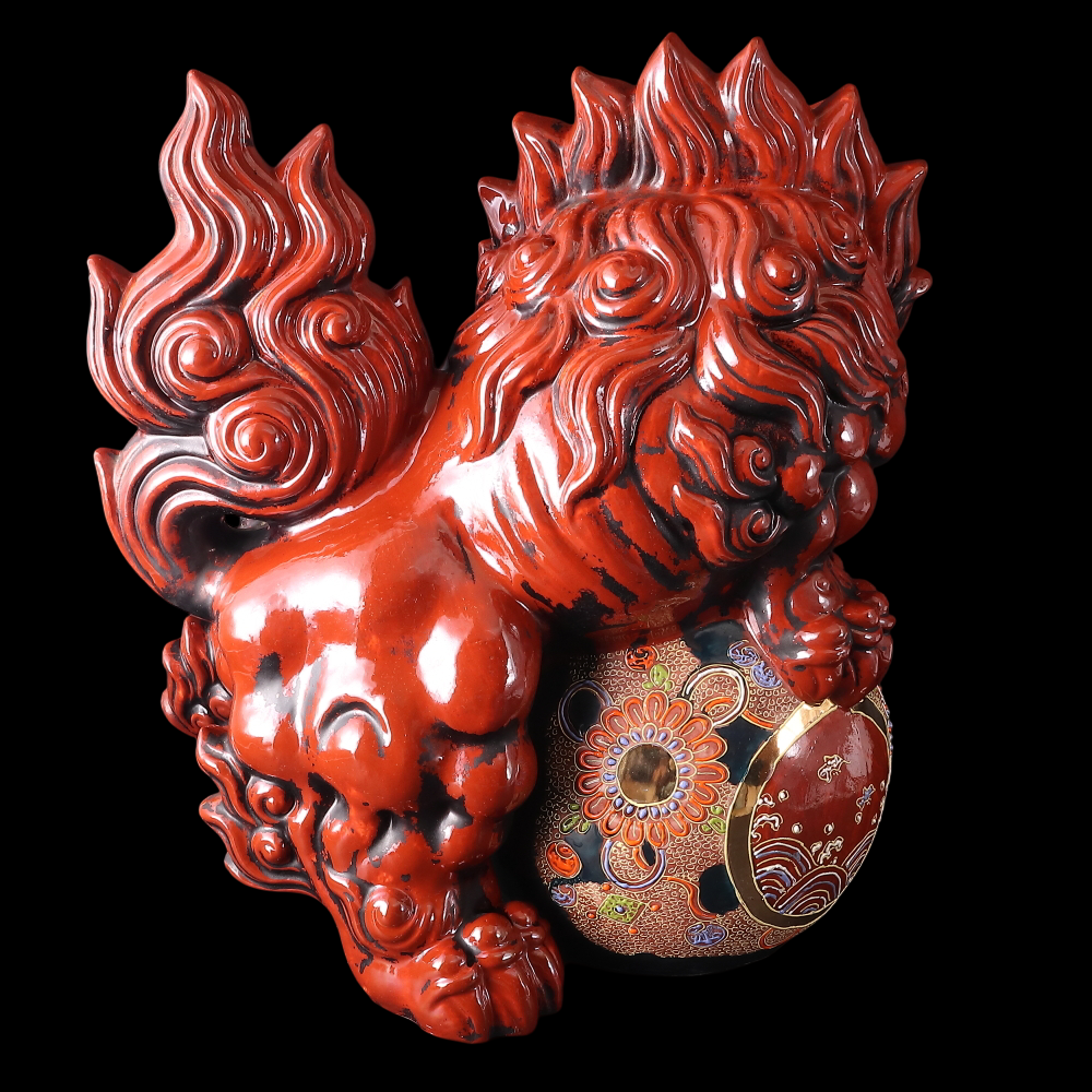 Large Kutani Ware Red Shishi Lion Koma Inu Guardian — Brocade Jewel Motif | Dramatic Japanese Ceramic Okimono (35 cm)
