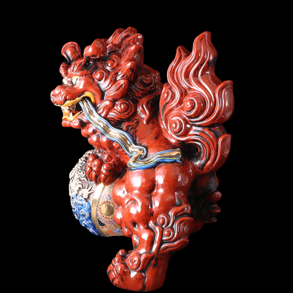 Large Kutani Ware Red Shishi Lion Koma Inu Guardian — Brocade Jewel Motif | Dramatic Japanese Ceramic Okimono (35 cm)