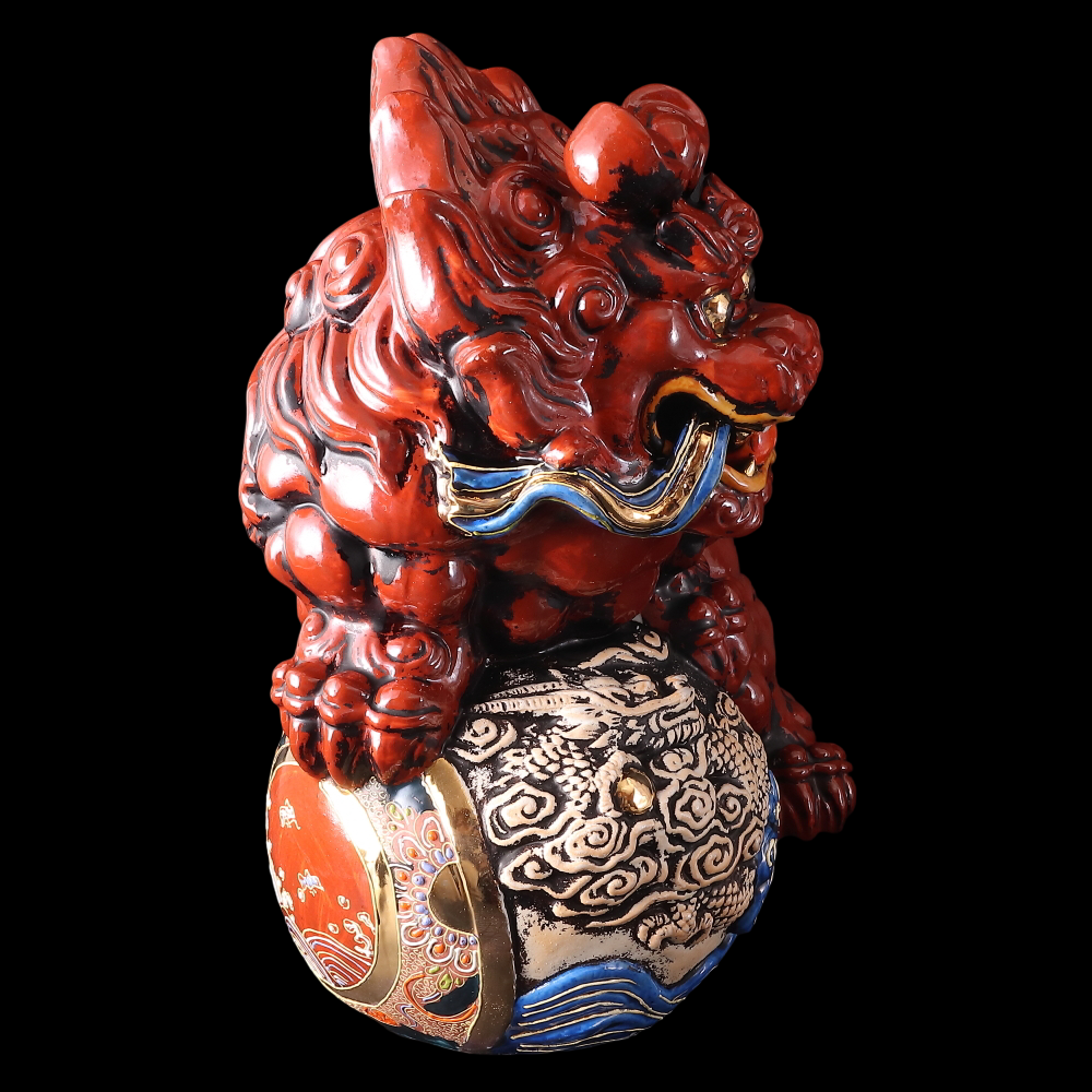 Large Kutani Ware Red Shishi Lion Koma Inu Guardian — Brocade Jewel Motif | Dramatic Japanese Ceramic Okimono (35 cm)
