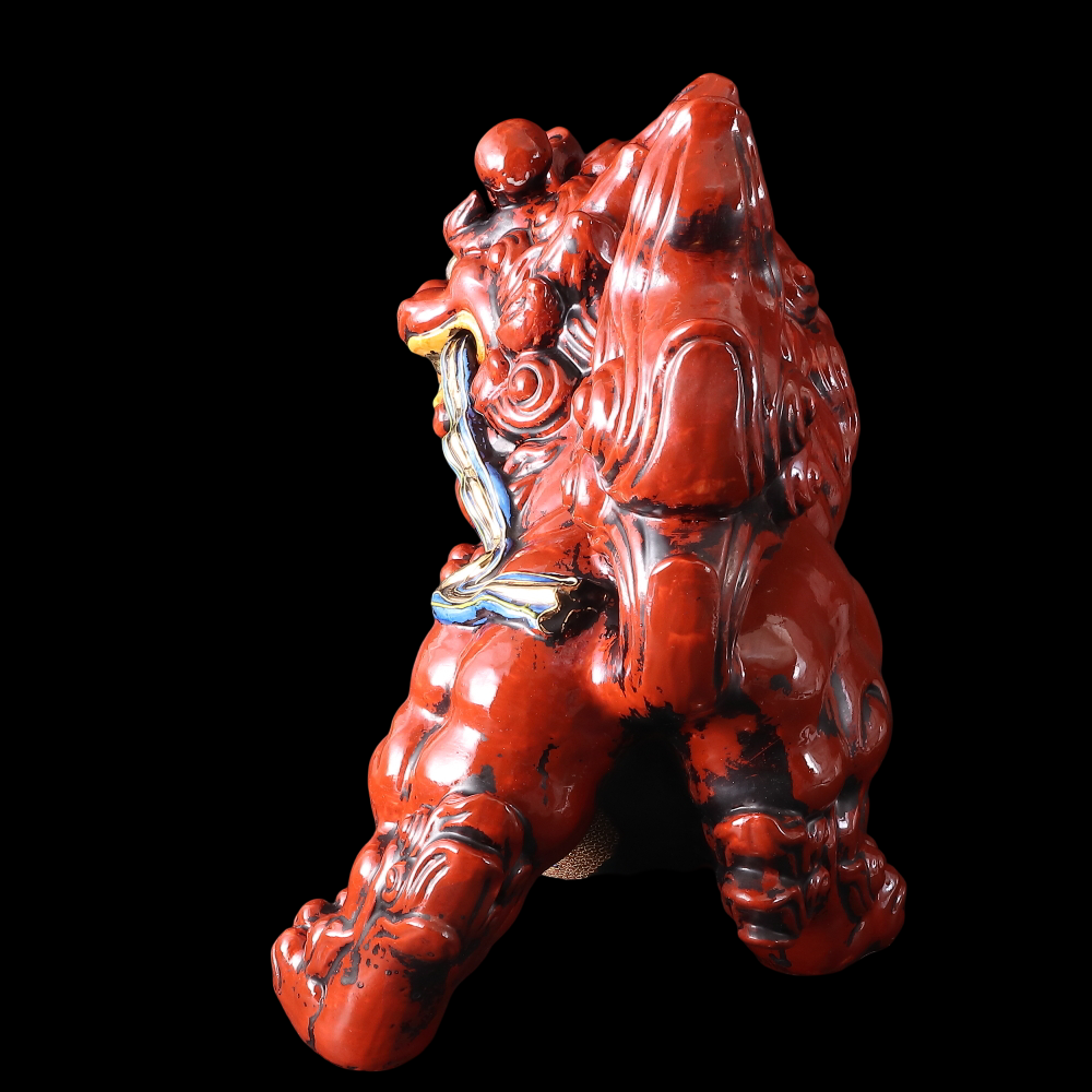 Large Kutani Ware Red Shishi Lion Koma Inu Guardian — Brocade Jewel Motif | Dramatic Japanese Ceramic Okimono (35 cm)