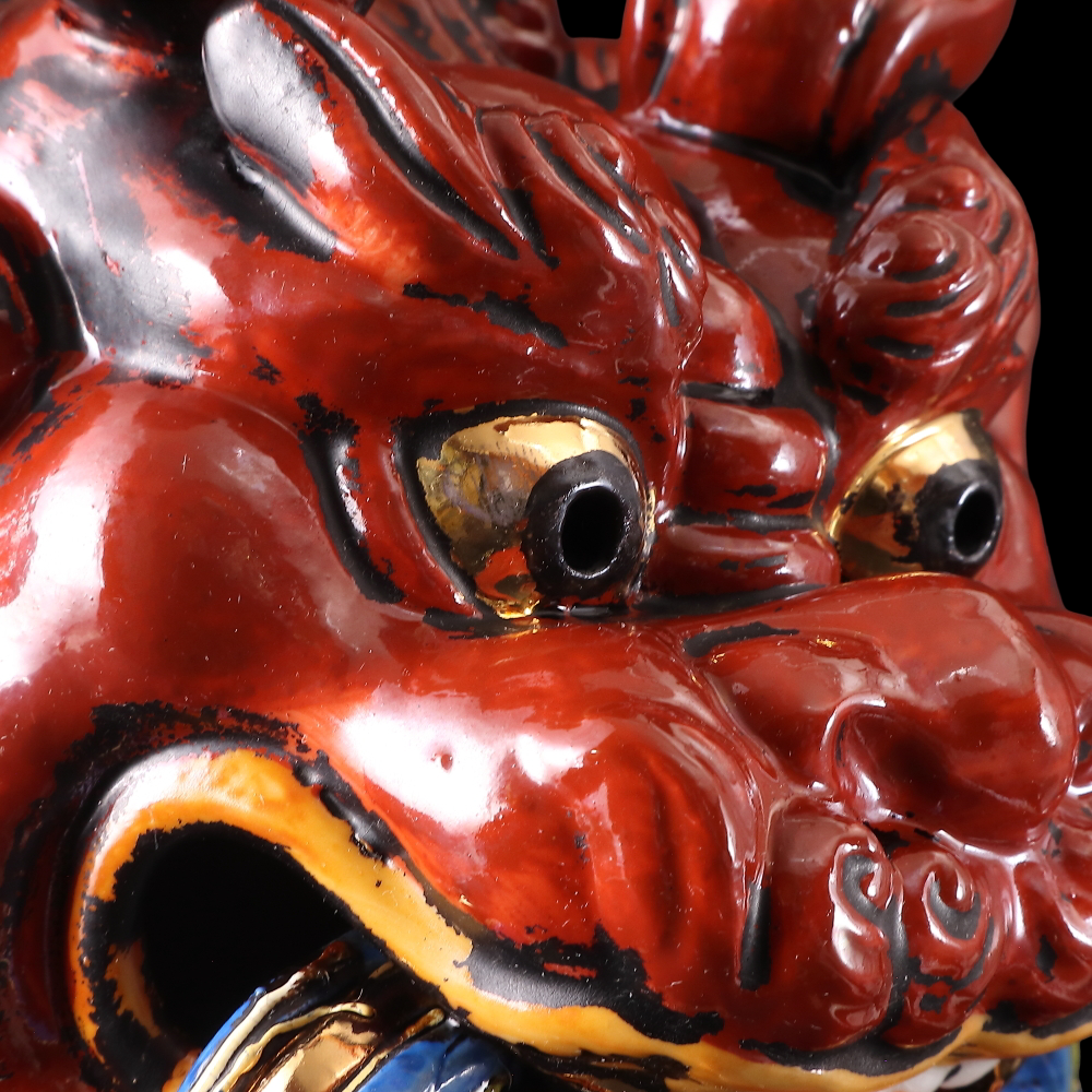 Large Kutani Ware Red Shishi Lion Koma Inu Guardian — Brocade Jewel Motif | Dramatic Japanese Ceramic Okimono (35 cm)