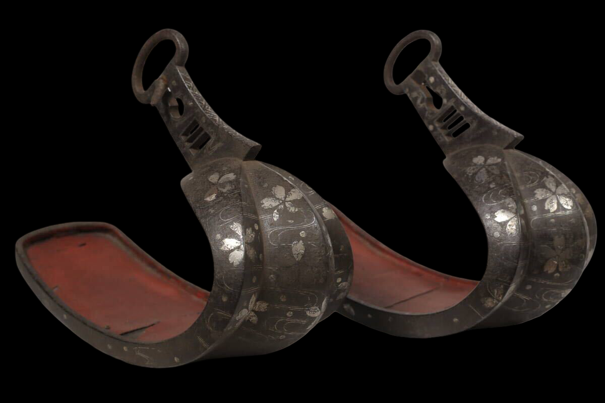 Edo Period Silver-Inlaid Samurai Abumi Stirrup Pair with Cherry Blossom Sakura Motif
