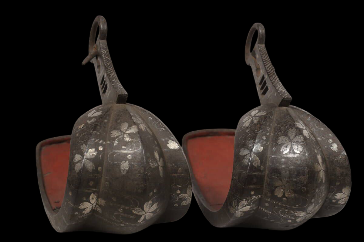 Edo Period Silver-Inlaid Samurai Abumi Stirrup Pair with Cherry Blossom Sakura Motif
