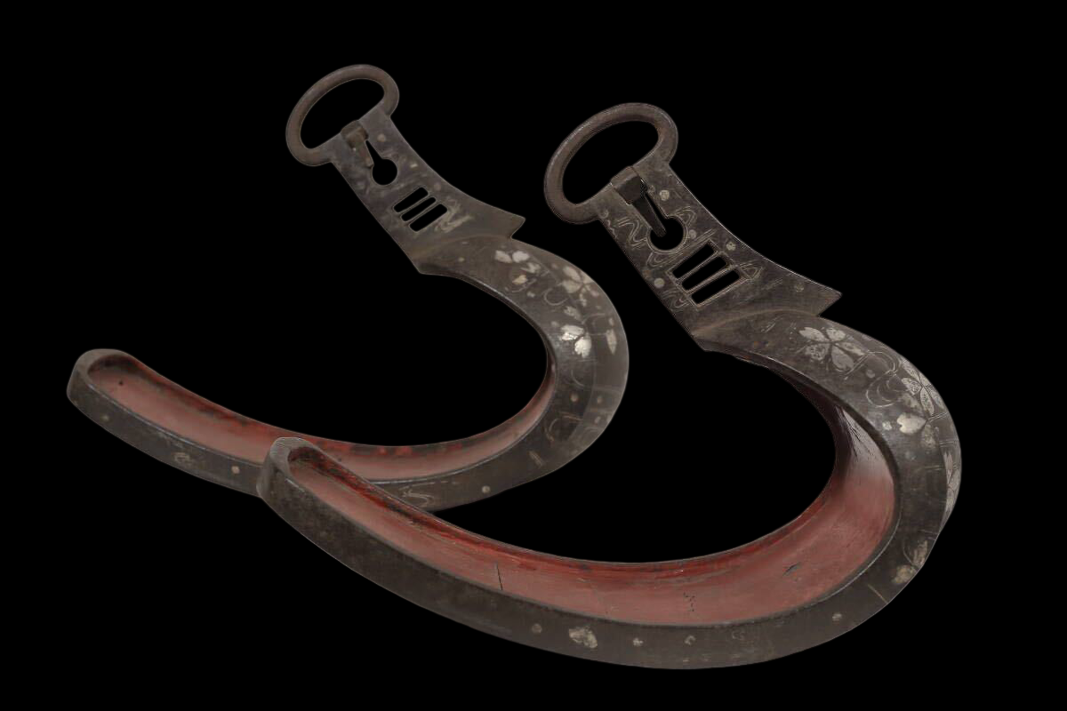Edo Period Silver-Inlaid Samurai Abumi Stirrup Pair with Cherry Blossom Sakura Motif