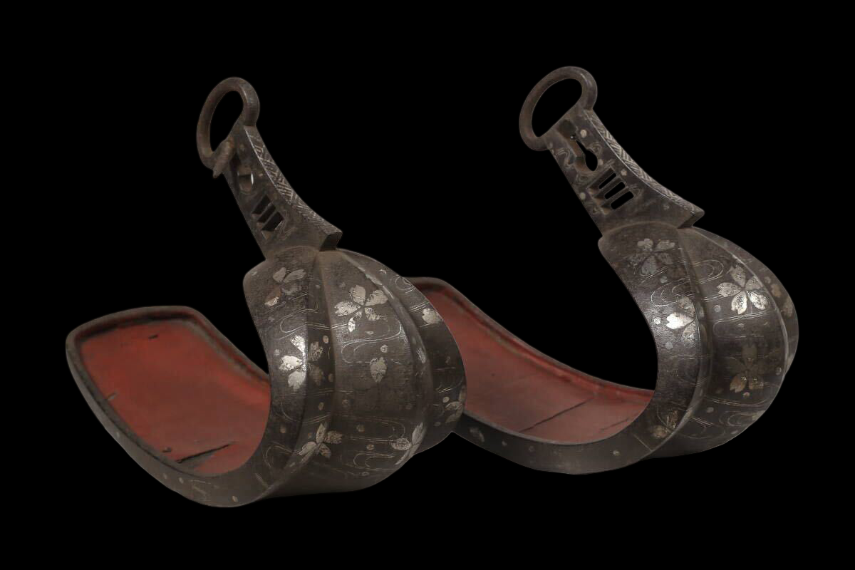 Edo Period Silver-Inlaid Samurai Abumi Stirrup Pair with Cherry Blossom Sakura Motif