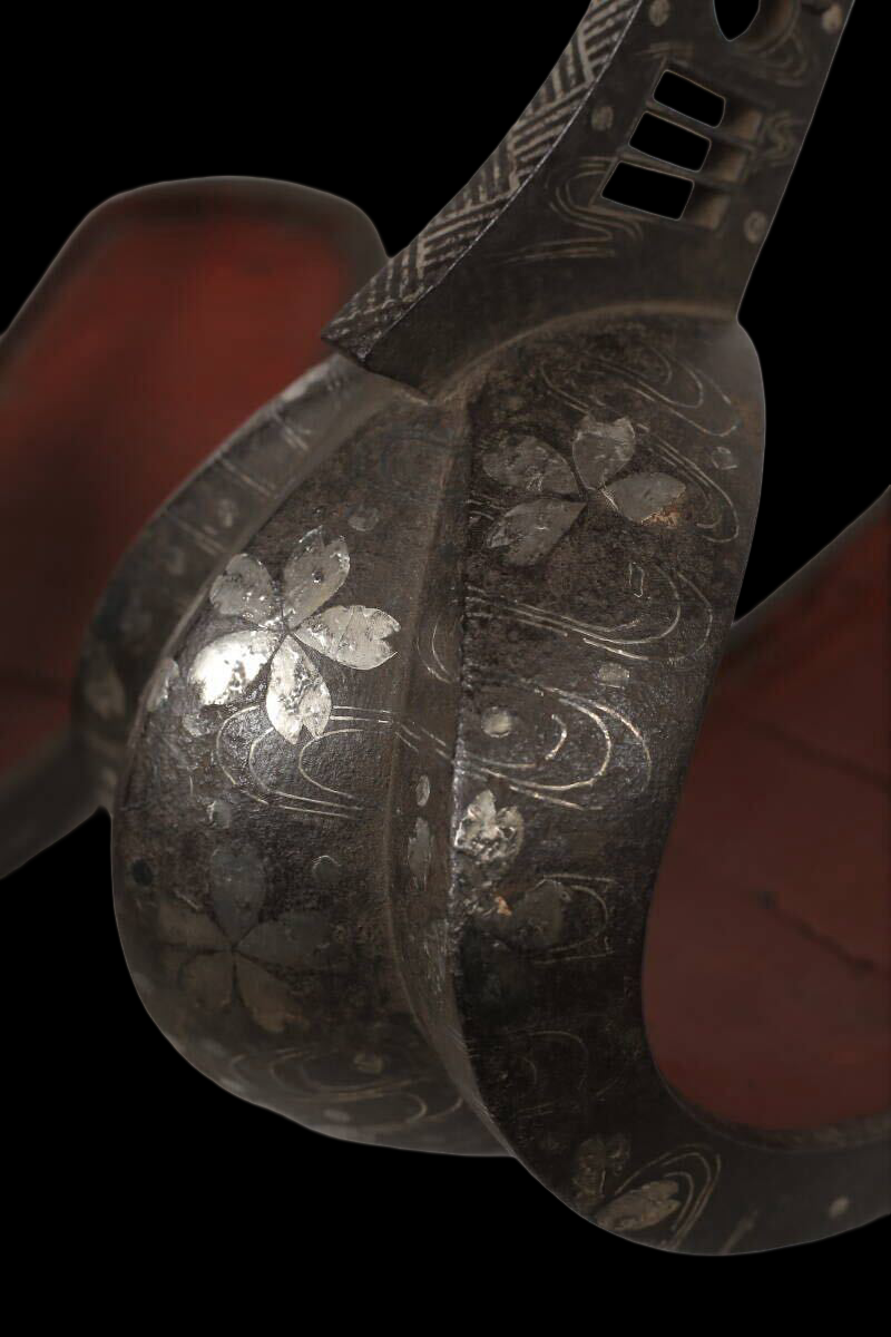 Edo Period Silver-Inlaid Samurai Abumi Stirrup Pair with Cherry Blossom Sakura Motif