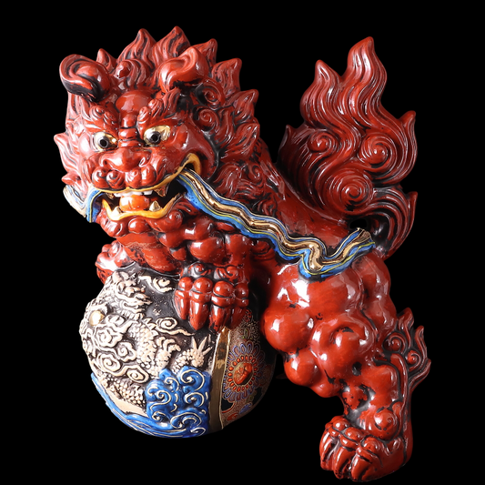 Large Kutani Ware Red Shishi Lion Koma Inu Guardian — Brocade Jewel Motif | Dramatic Japanese Ceramic Okimono (35 cm)