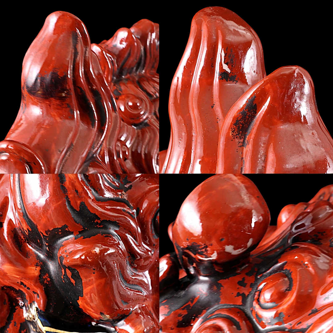 Large Kutani Ware Red Shishi Lion Koma Inu Guardian — Brocade Jewel Motif | Dramatic Japanese Ceramic Okimono (35 cm)