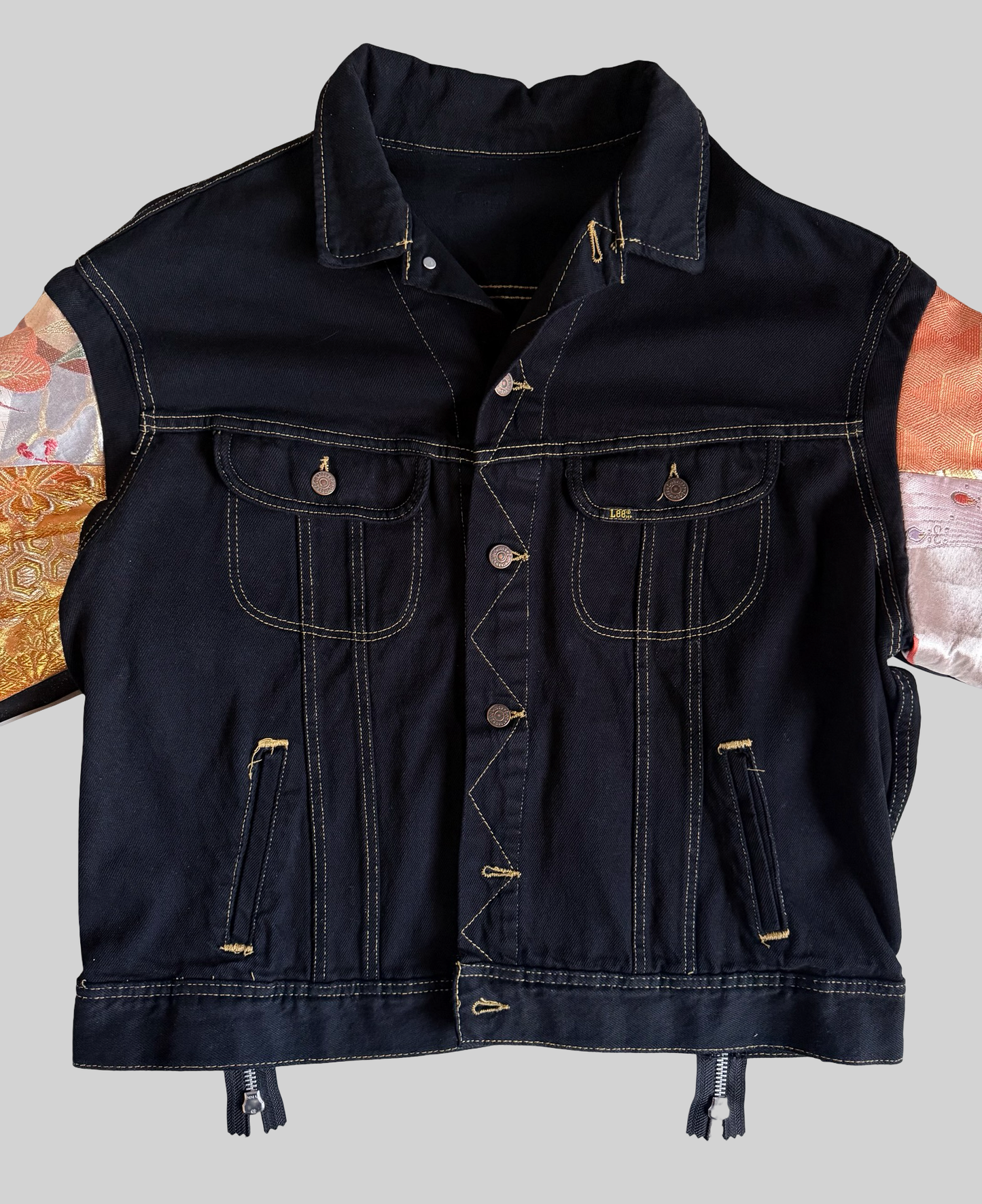 COTE MER Kimono Obi Remake Denim Jacket Silk Brocade Patchwork Japanese Upcycled Designer Jacket L XL