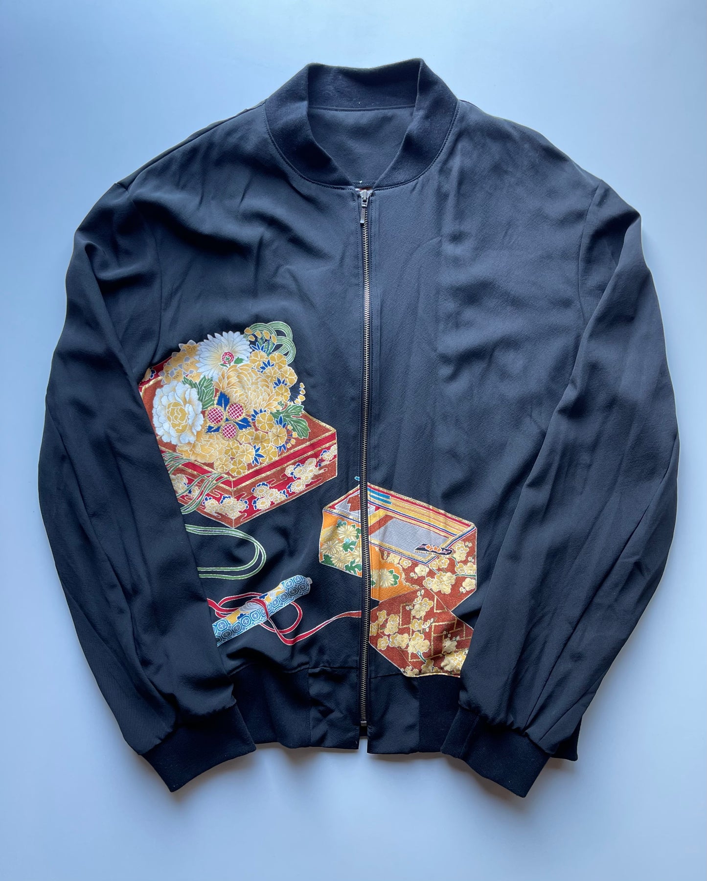 Vintage Japanese Kimono Remake Bomber Jacket | Black Wagara Floral Jacket | Handmade Upcycled Obi Textile | One-of-a-Kind Japanese Artwear